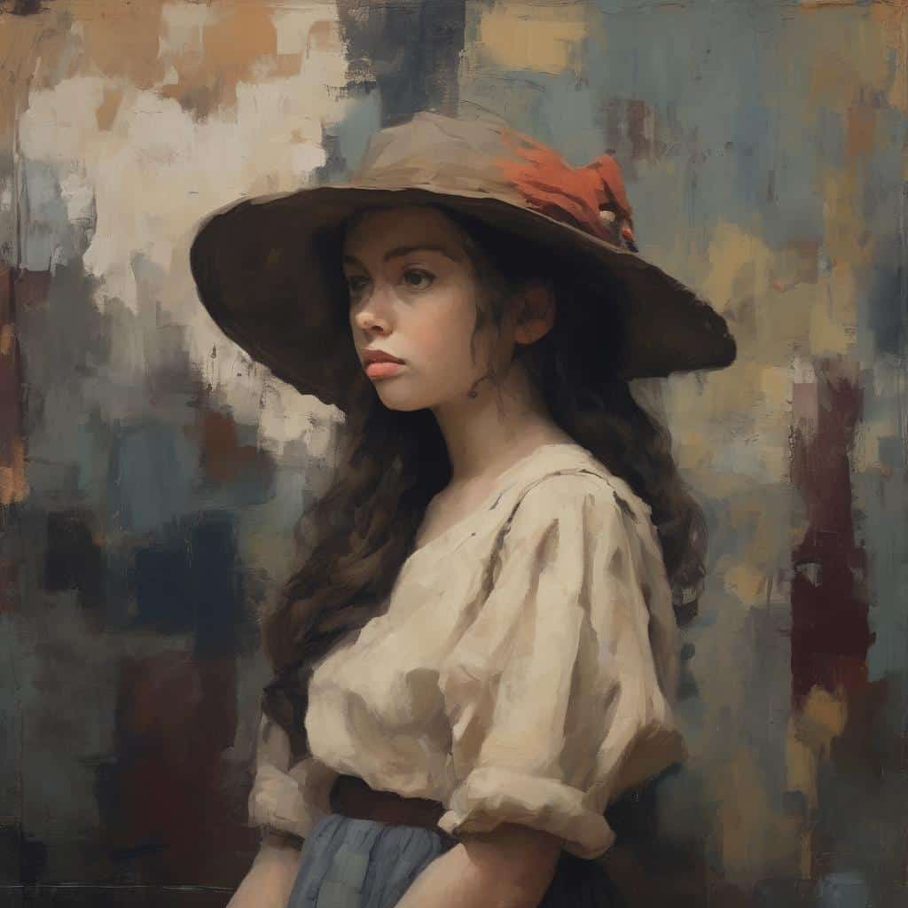 Παρίστανη γυναίκα με μεγάλο καπέλο και vintage ρούχα, εμπνευσμένη από την καλλιτεχνική επανάσταση του 20ού αιώνα.