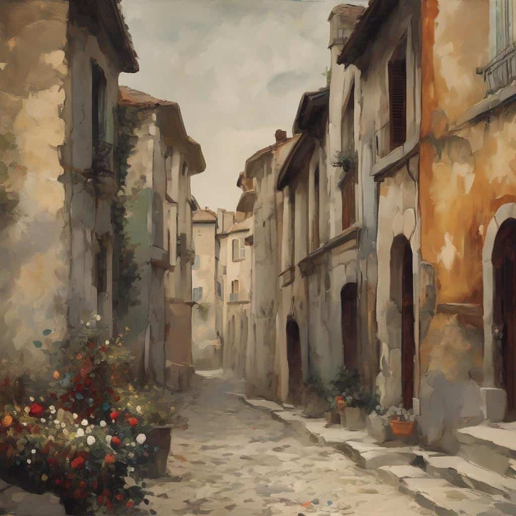 γενική άποψη αστικής τοπιογραφίας, παλαιοφανειακές πολυκατοικίες, παραδοσιακός δρόμος, καλλιτεχνική αναπαράσταση|Τέχνη 20ού αιώνα, καλλιτεχνική επανάσταση, αστικό τοπίο, παραδοσιακός δρόμος.