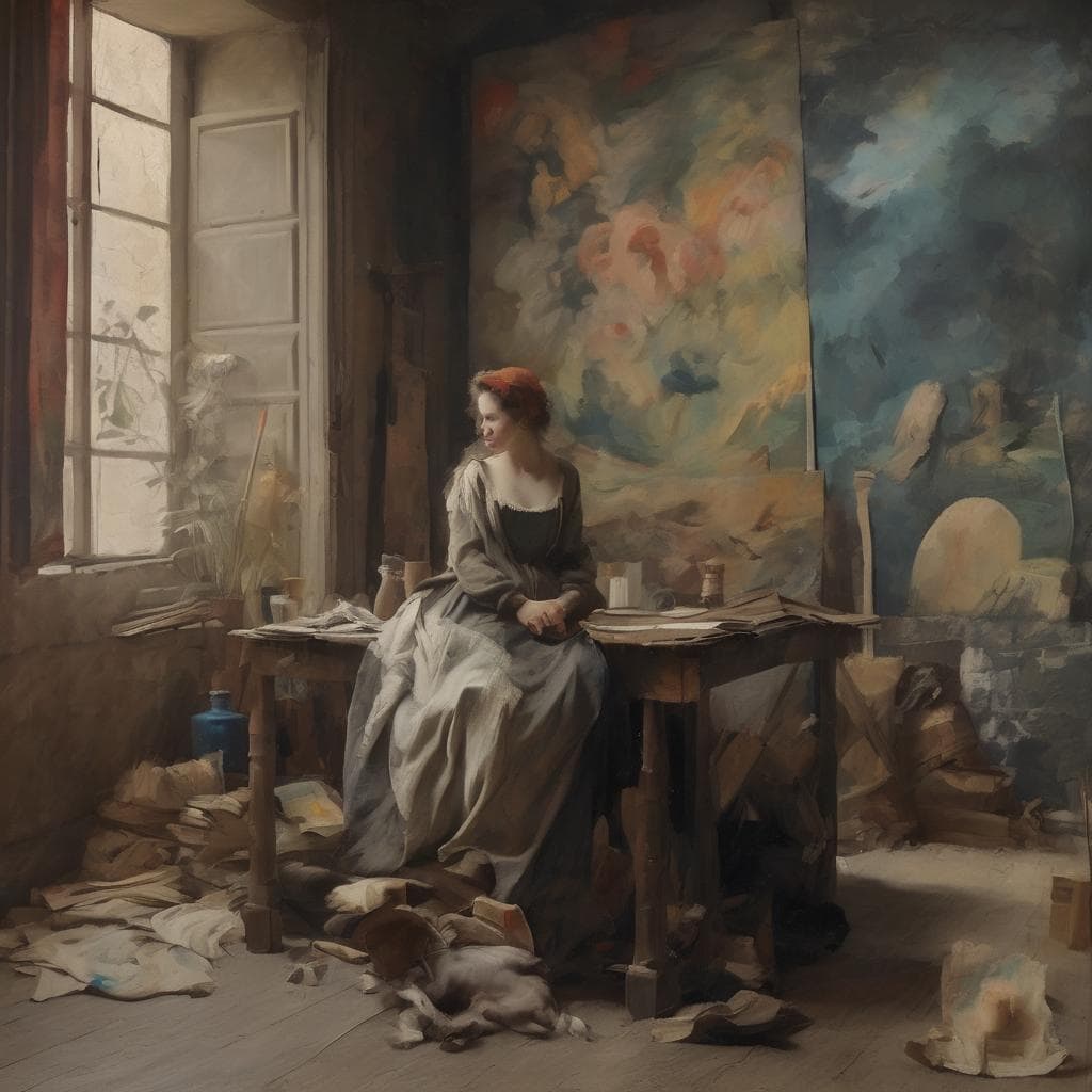 Αγγλικό καμβάς με γυναίκα ζωγράφο σε στούντιο, καλλιτεχνική επανάσταση 20ού αιώνα, σύγχρονη τέχνη, αναπαράσταση δημιουργικότητας.